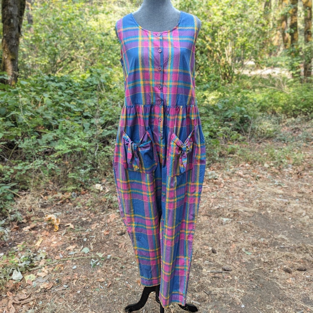 Vintage Phool Madras Plaid Cotton Jumpsuit S Pockets
Grunge Tapered Wide Leg Y2K
